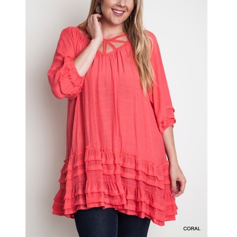 Plus Bohemian Cut Out Tiered Ruffle Tunic Top